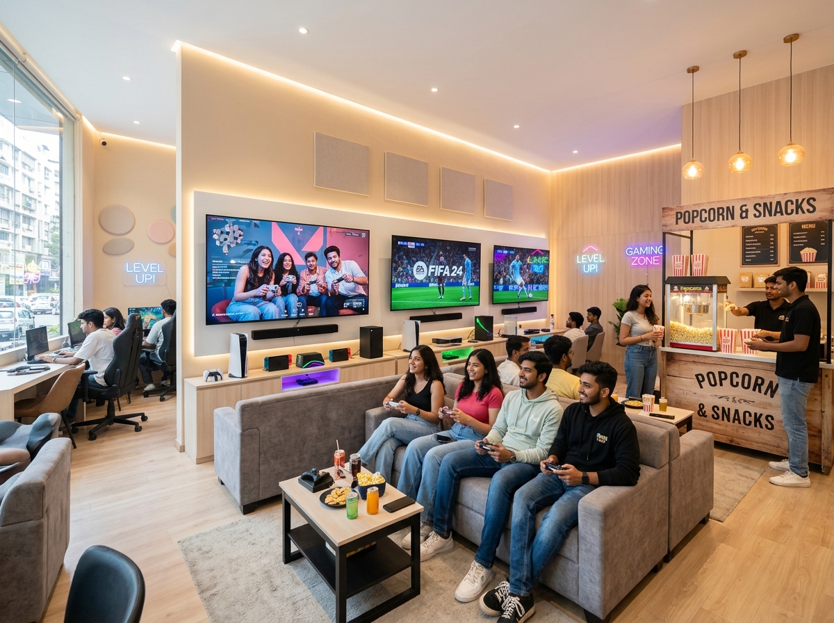 PixelZone console gaming lounge with sofas and big screens