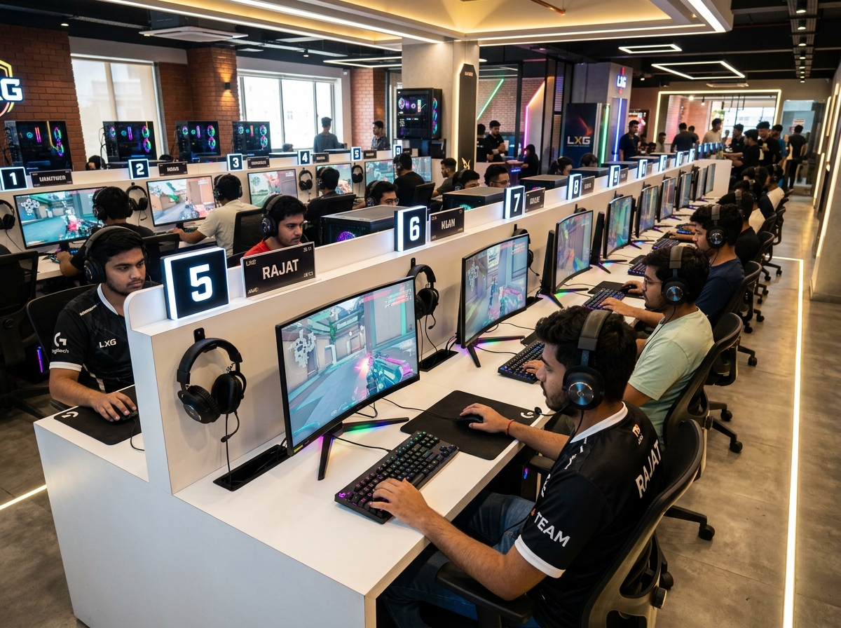 PixelZone gaming stations with numbered desks and premium peripherals
