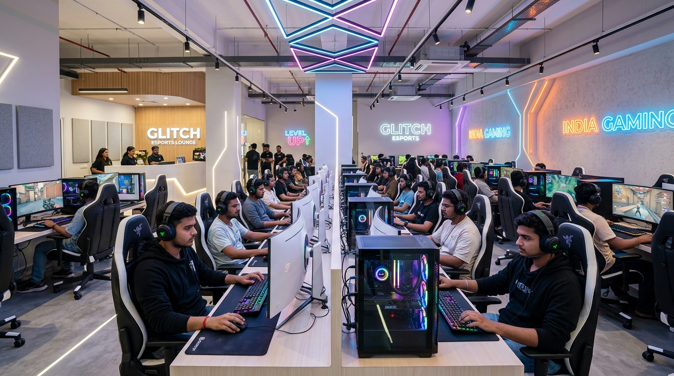 PixelZone main gaming hall — rows of RGB gaming stations